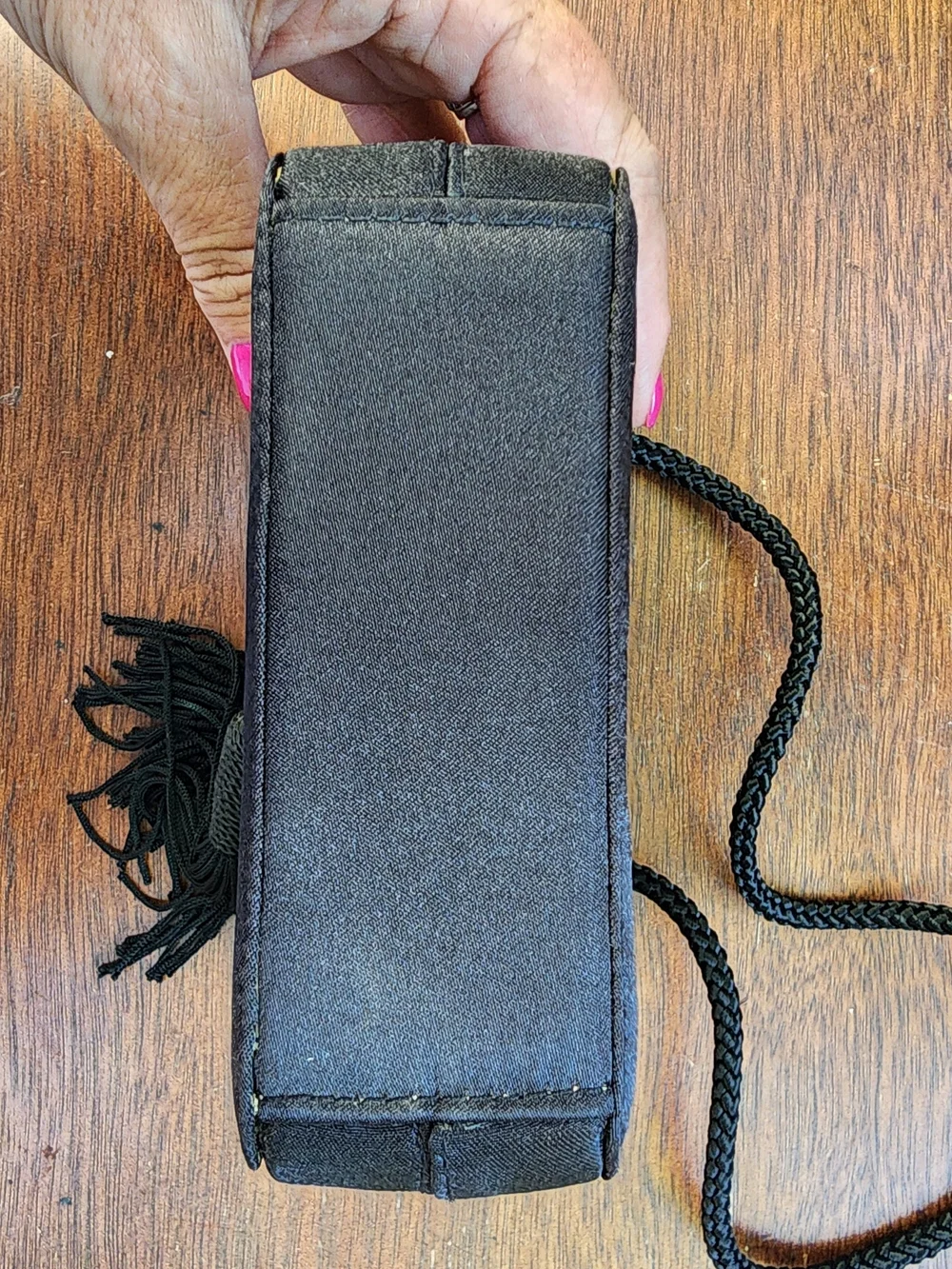 Vintage Jessica McClintock Black Satin Tassel Box Clutch Crossbody Bag